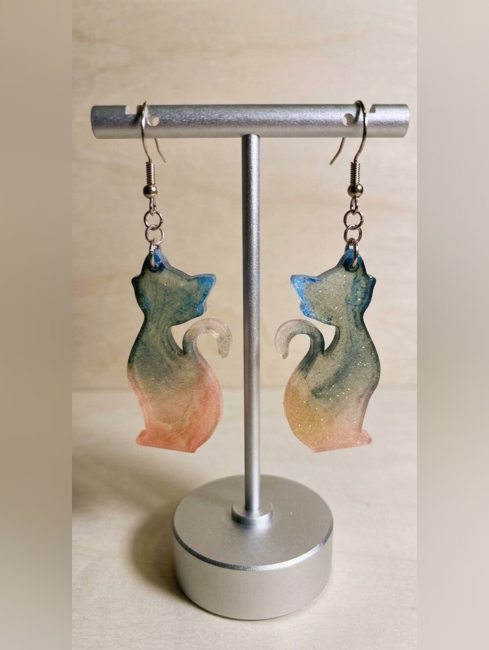 Shimmering Resin Cat Silhouette Earrings | Blue & Peach Ombré Dangles